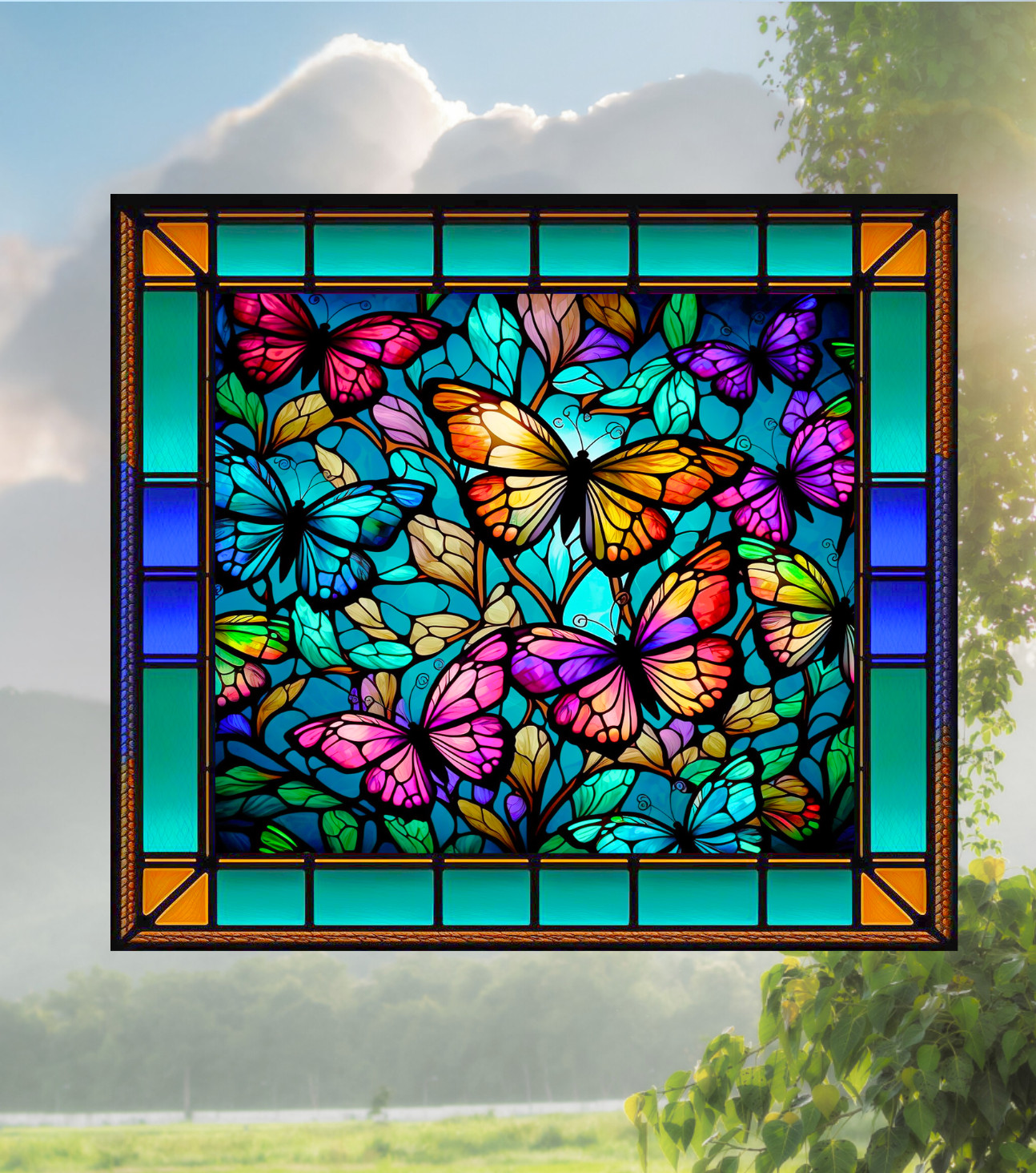 Butterflies Faux Stained-Glass WINDOW CLING Size 9" Repositionable Vinyl