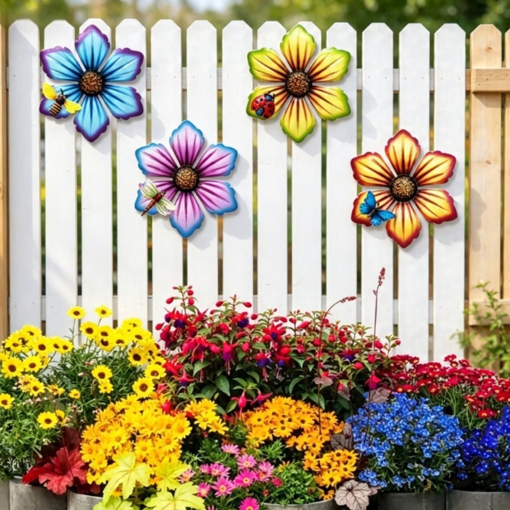 Outdoor Metal Flower Wall Decor Set of 4 for Yard Patio Porch Indoor Space