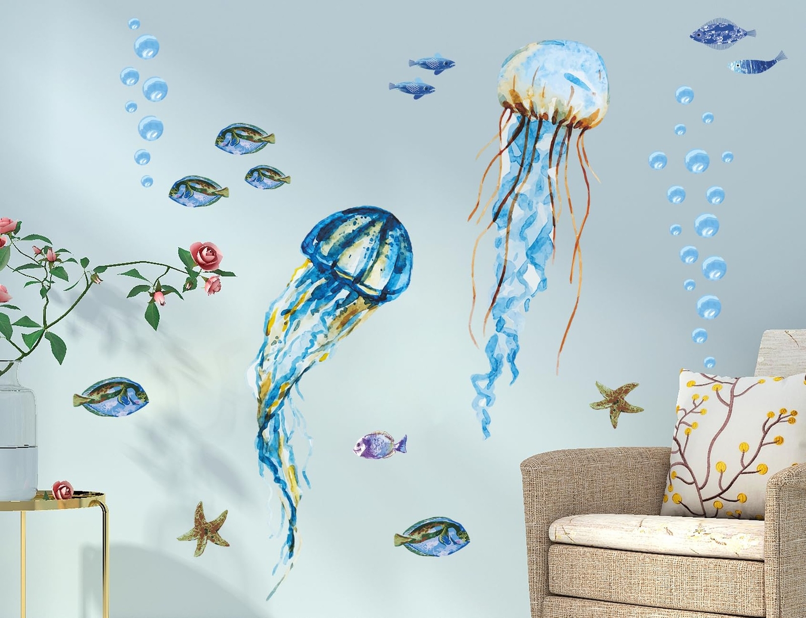 Creative Watercolor Blue Jellyfish Wall Decals Under The Sea Fish Animals Wal…