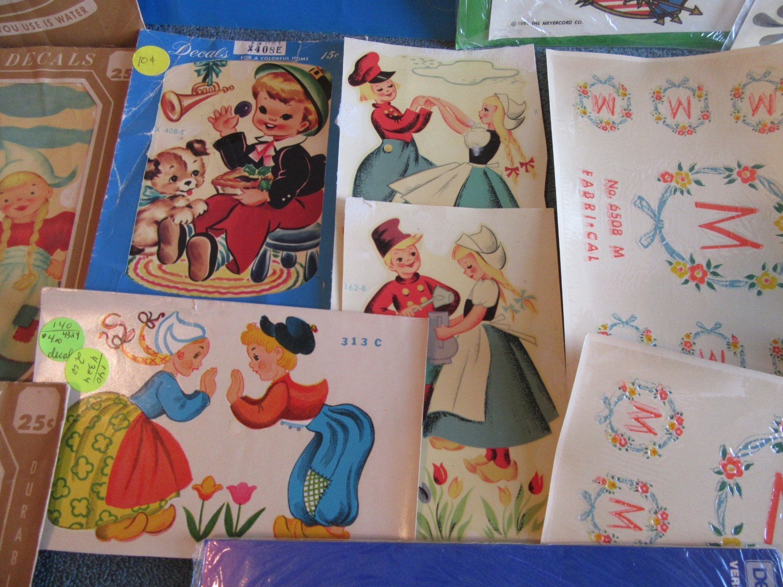 15 Meyercord decal transfer art eagle dutch boy girl M raccoon NEW