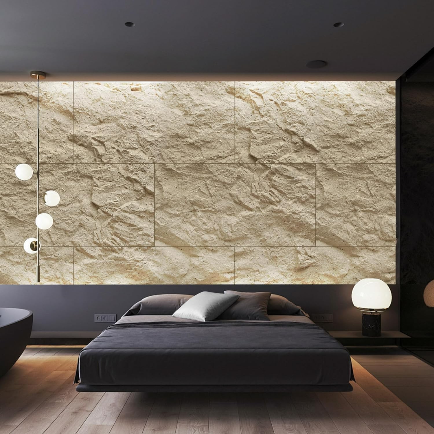 4 PCS 3D Faux Stone Wall Panels -Golden Hemp Cement Texture Wainscoting Decor