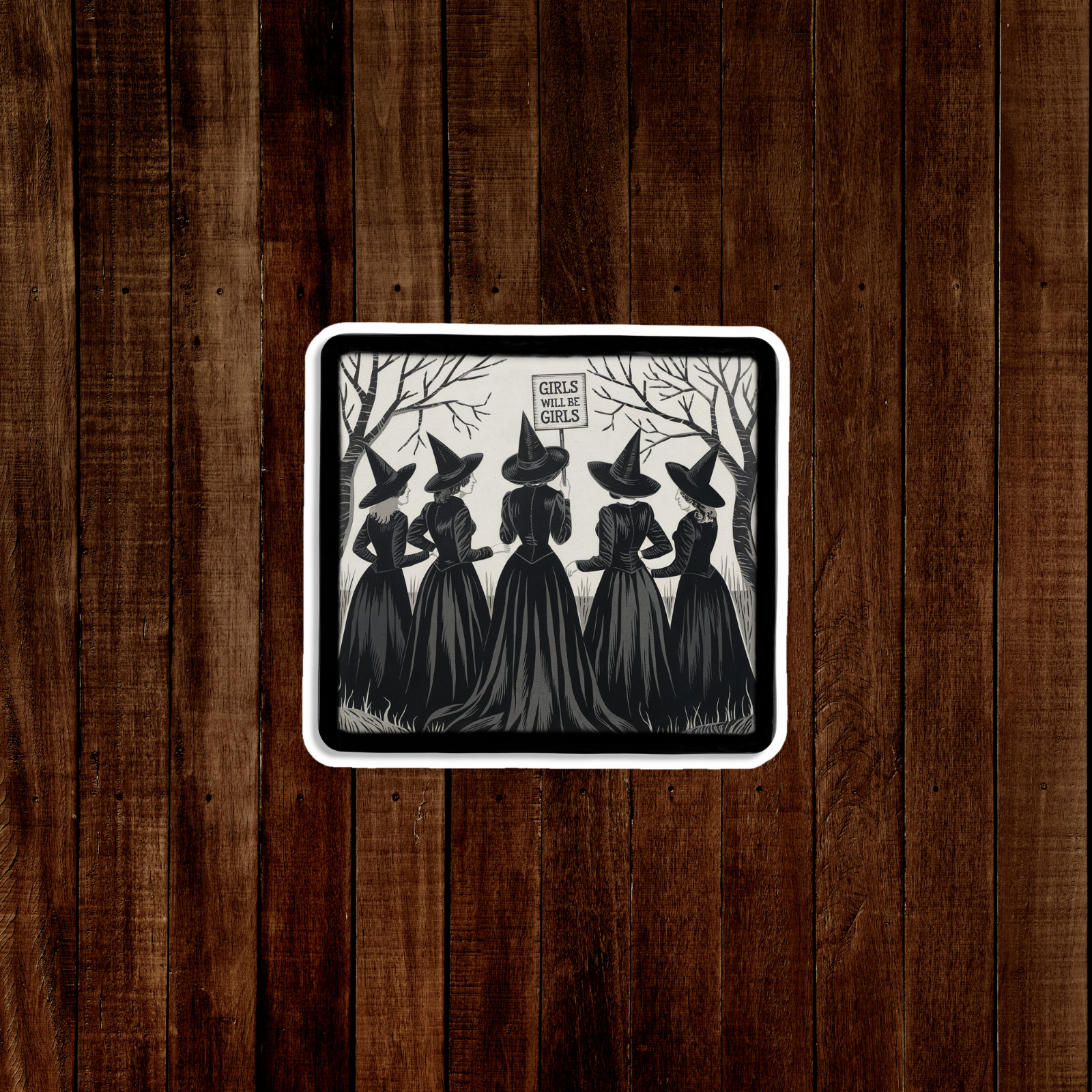 Witchy Girls Feminist Sticker – Empowering Black and White Witch Art Decal #2744