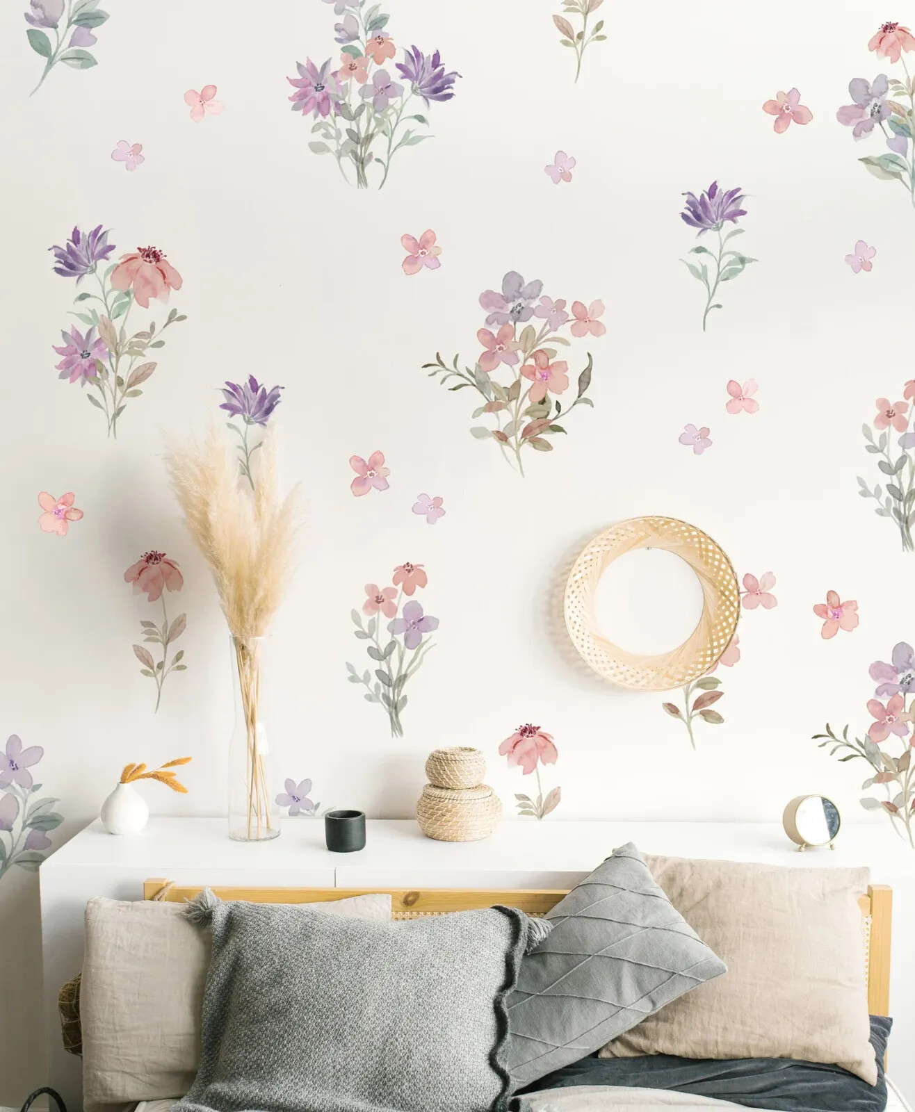 Watercolor Flower Pink Violet Greenery Wall Decals Sticker Boho Nursery LF475