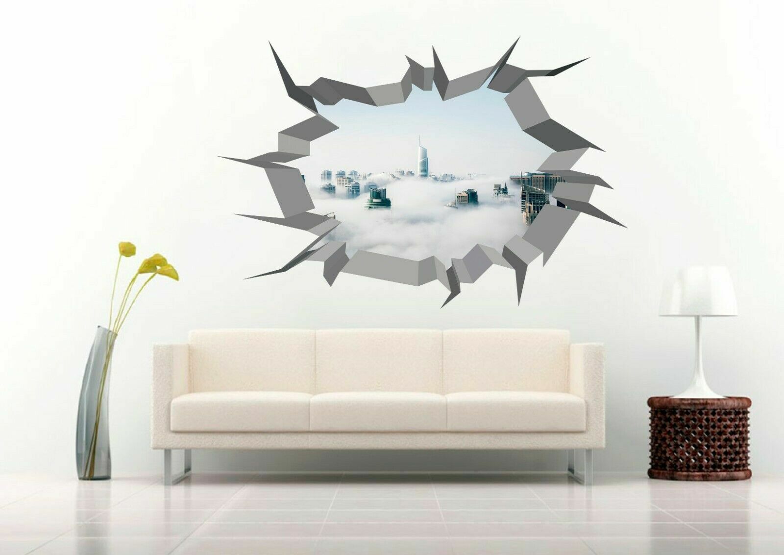 Dubai Under Clouds 3D Crack Hole Wall Decal Vinyl Sticker Mural Art Decor