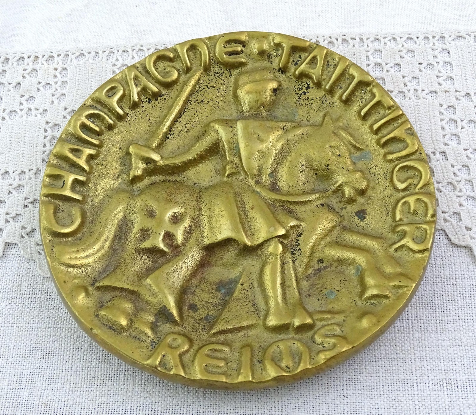 VTG French Cast Bronze Tattinger Champagne Promotional Cast Bronze Trinket Dish,