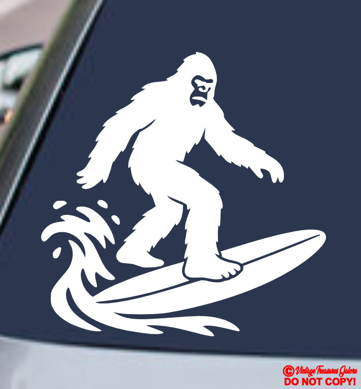 BIGFOOT SURFING SASQUATCH VINYL DECAL STICKER CAR WINDOW BUMPER RIDING SURFBOARD
