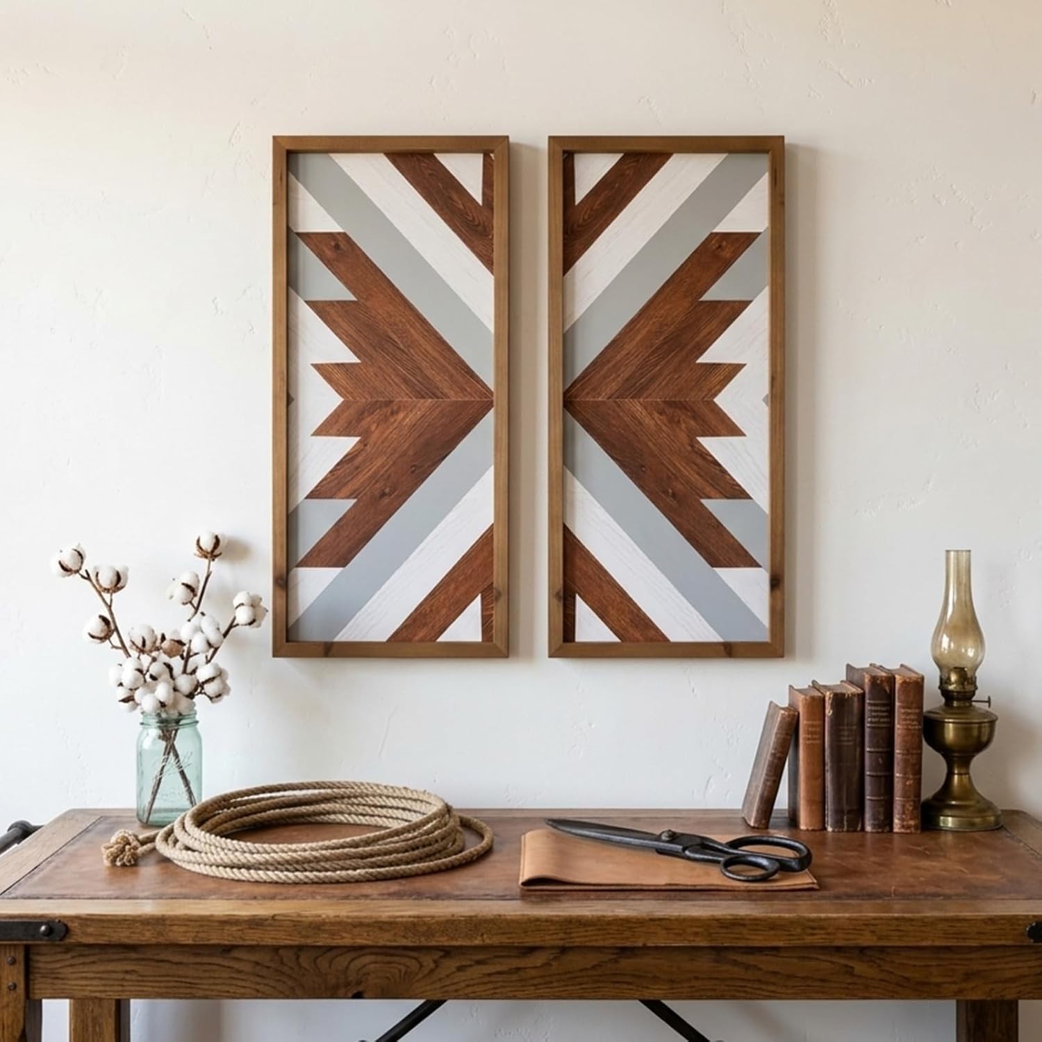 Rustic 2Pcs Aztec Wall Decor – Geometric Vintage Art for Modern Homes