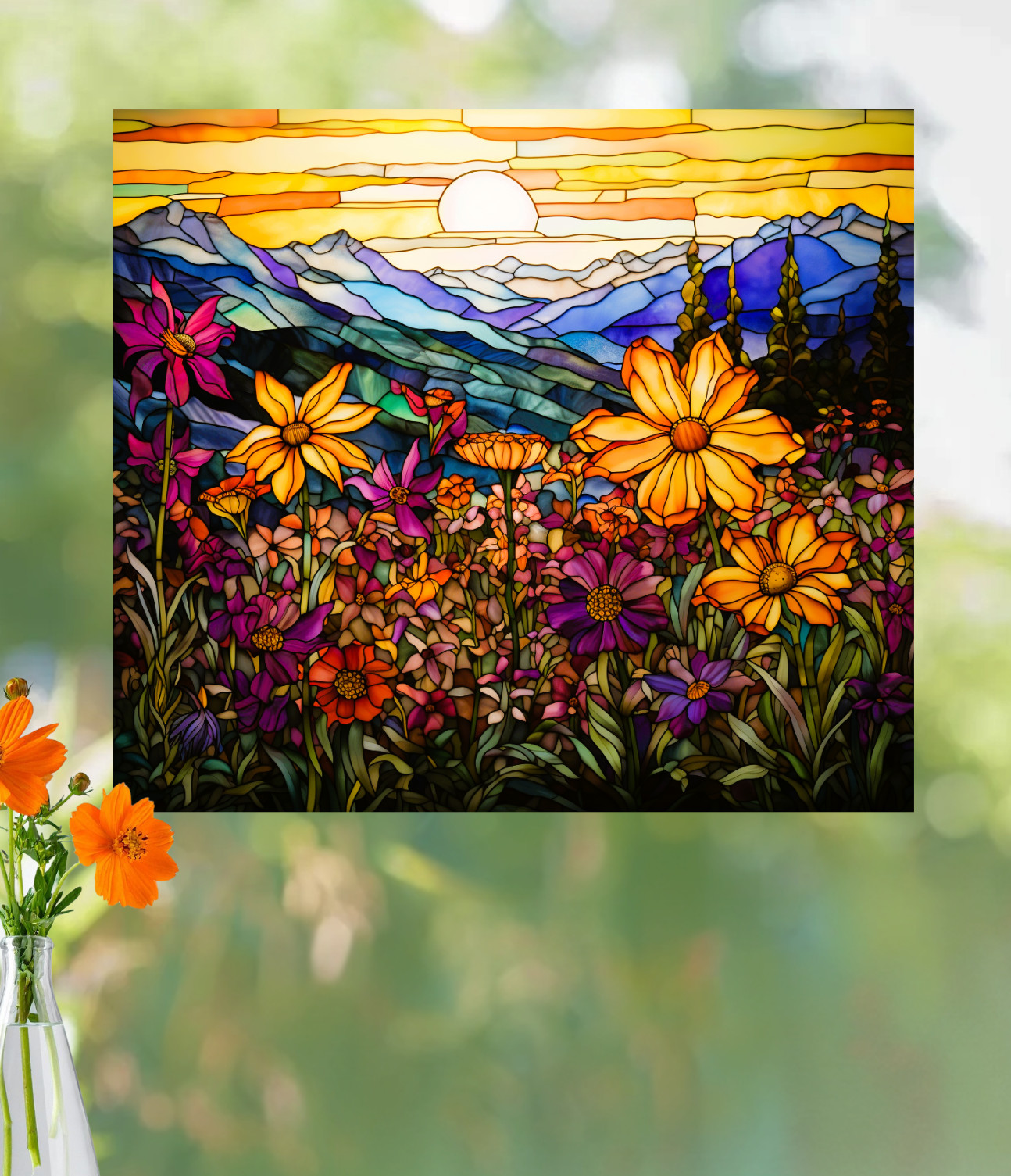 Wildflowers, Mountains & Sunset Faux Stained-Glass WINDOW CLING Size 9.1" Vinyl