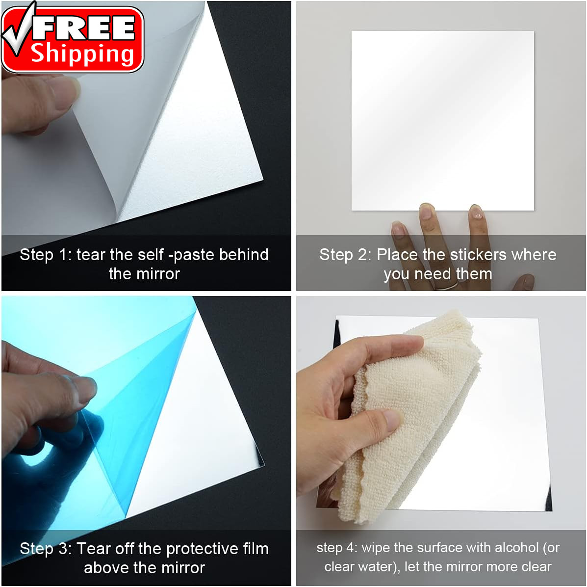 10 Pieces Flexible Mirror Sheets, Self Adhesive Decorative Plastic Mirror Tiles