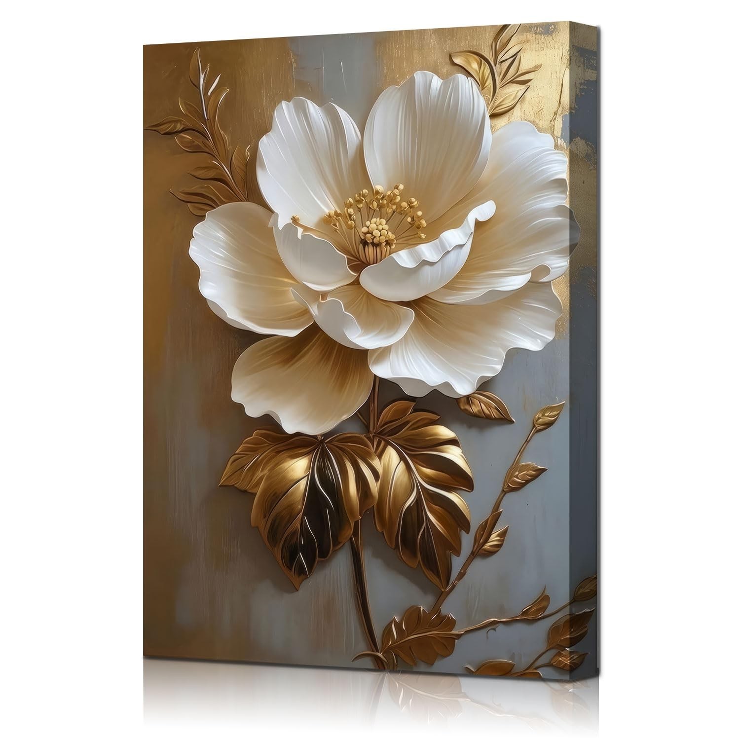Flower Pictures Canvas Wall Art White Gold Flowers Elegant Wall Decor Picture…