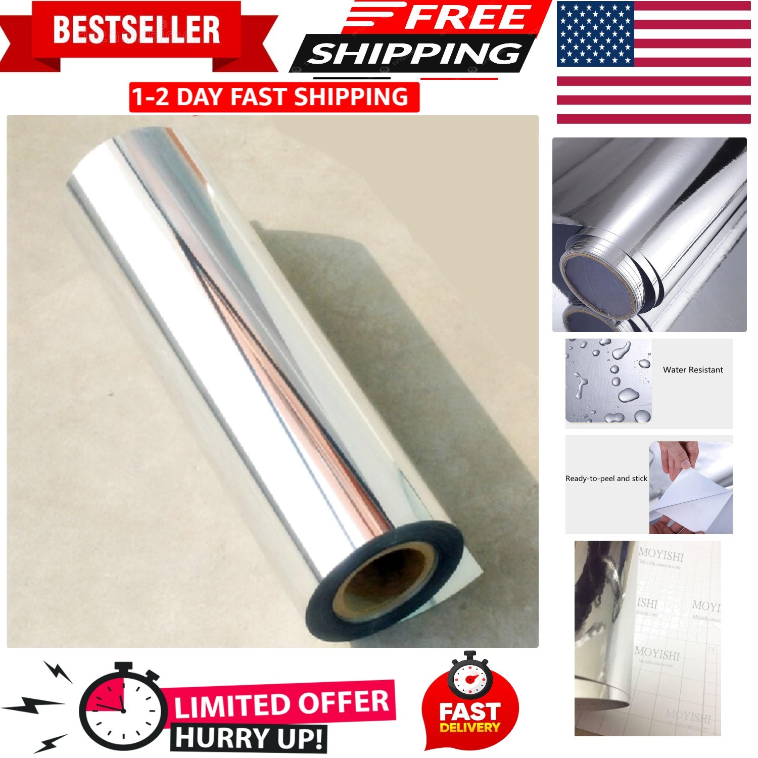 12"X78"Chrome Mirror Silver Vinyl Wrap Sticker Decal Film Sheet,Self-Adhesive