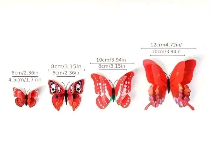 3D Magnetic Butterfly Wall Sticker Reusable PVC Adhesive 12 Pack RED Butterflies