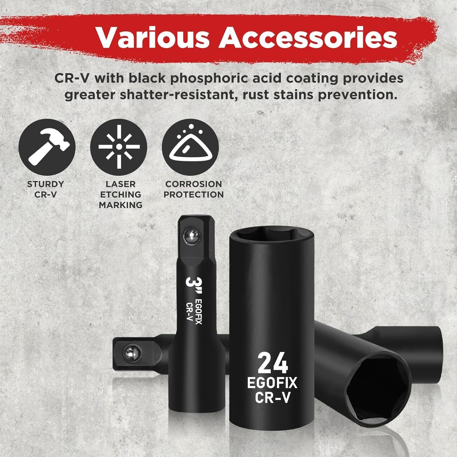 29 Pieces 1/2" Socket Set, Drive Deep Impact Socket Set with 3", 5", 10" Extensi