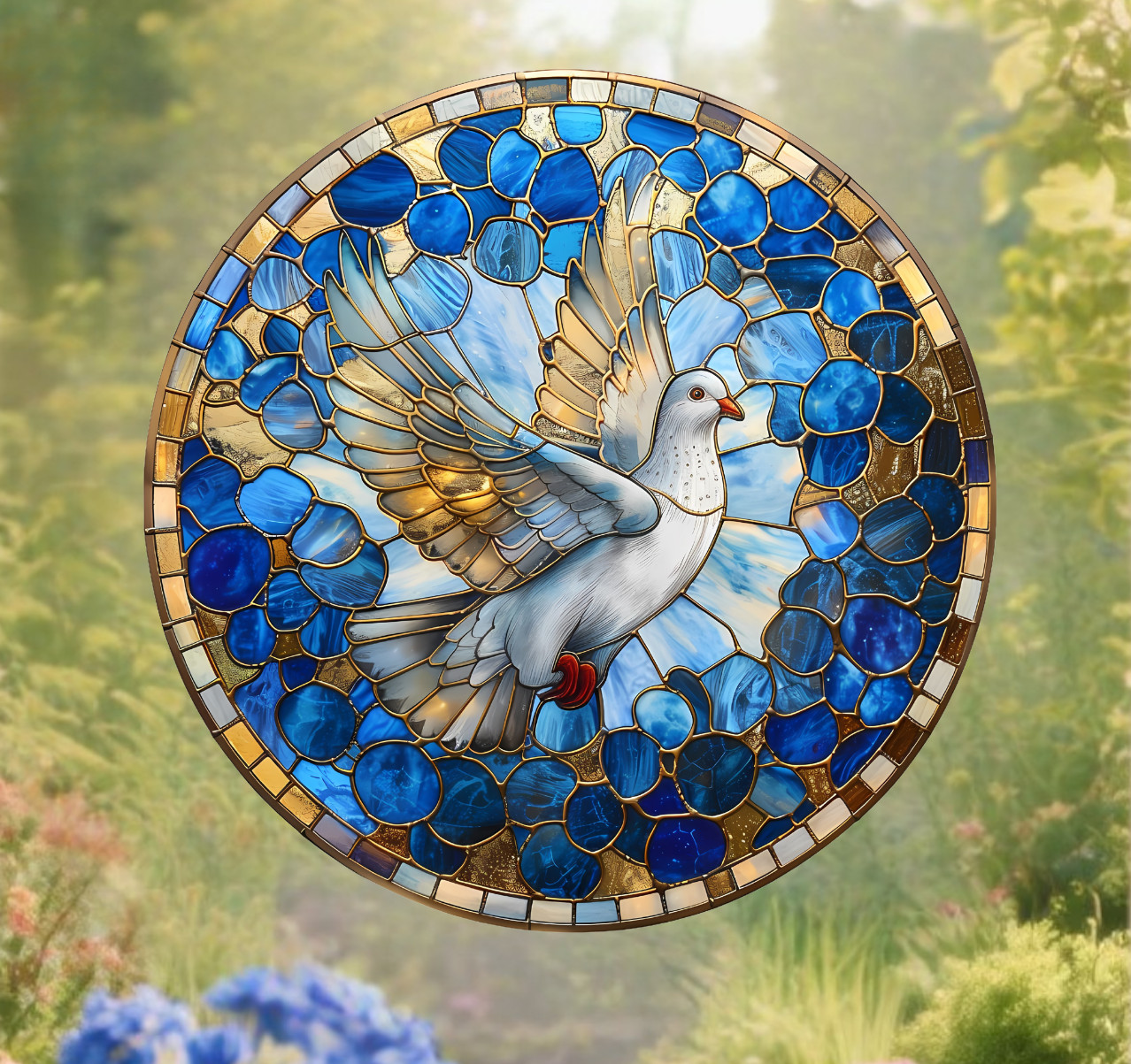 Holy Spirit Peace Dove Faux Stained-Glass WINDOW CLING Size 8" Round Vinyl