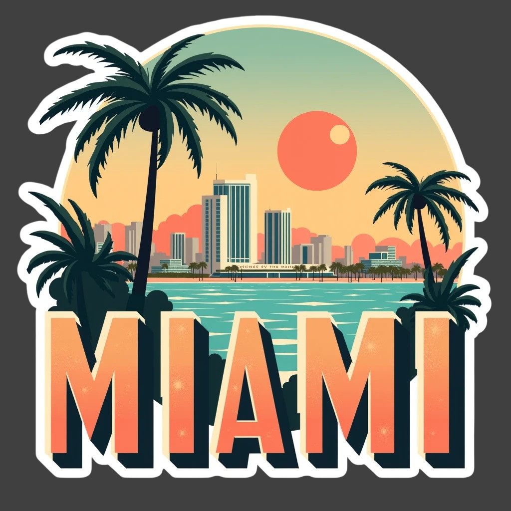 Miami Sticker Vinyl Decal Vintage Coastal Skyline Palm Trees Sunset Travel