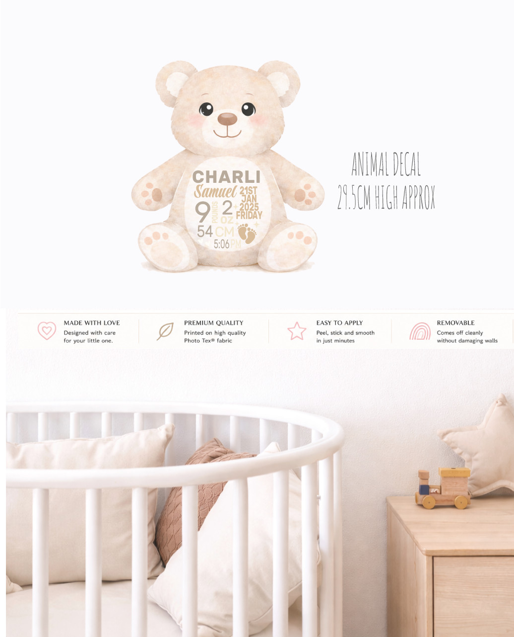 Personalised Baby Birth Stats Name Animal Nursery Removable Wall Decal Sticker