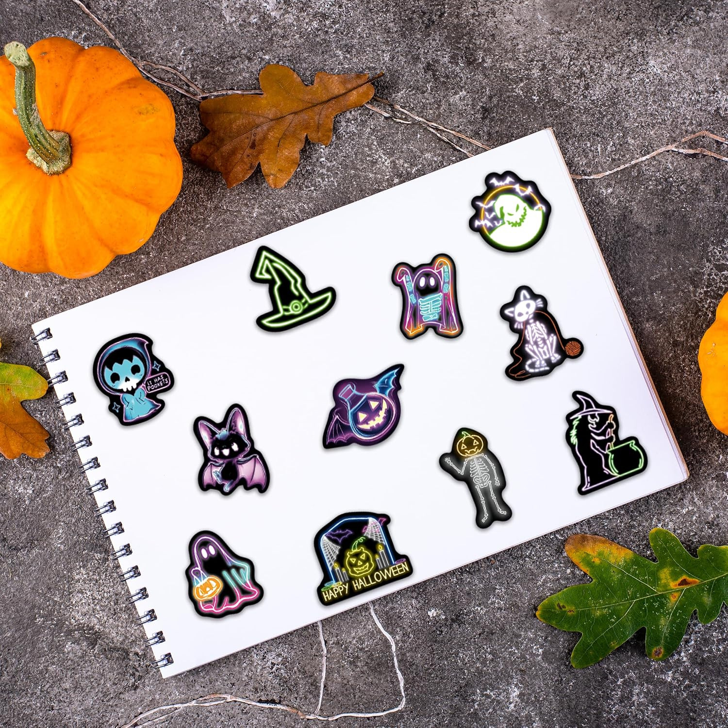 70 Pcs Neon Halloween Stickers for Kids, Waterproof Decor for Water Bottle