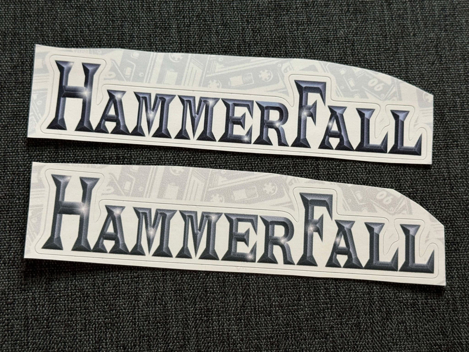 Lot (2) HAMMERFALL 1" x 5 1/4" Band Logo STICKERS Gray White FAST! FREE SHIP!