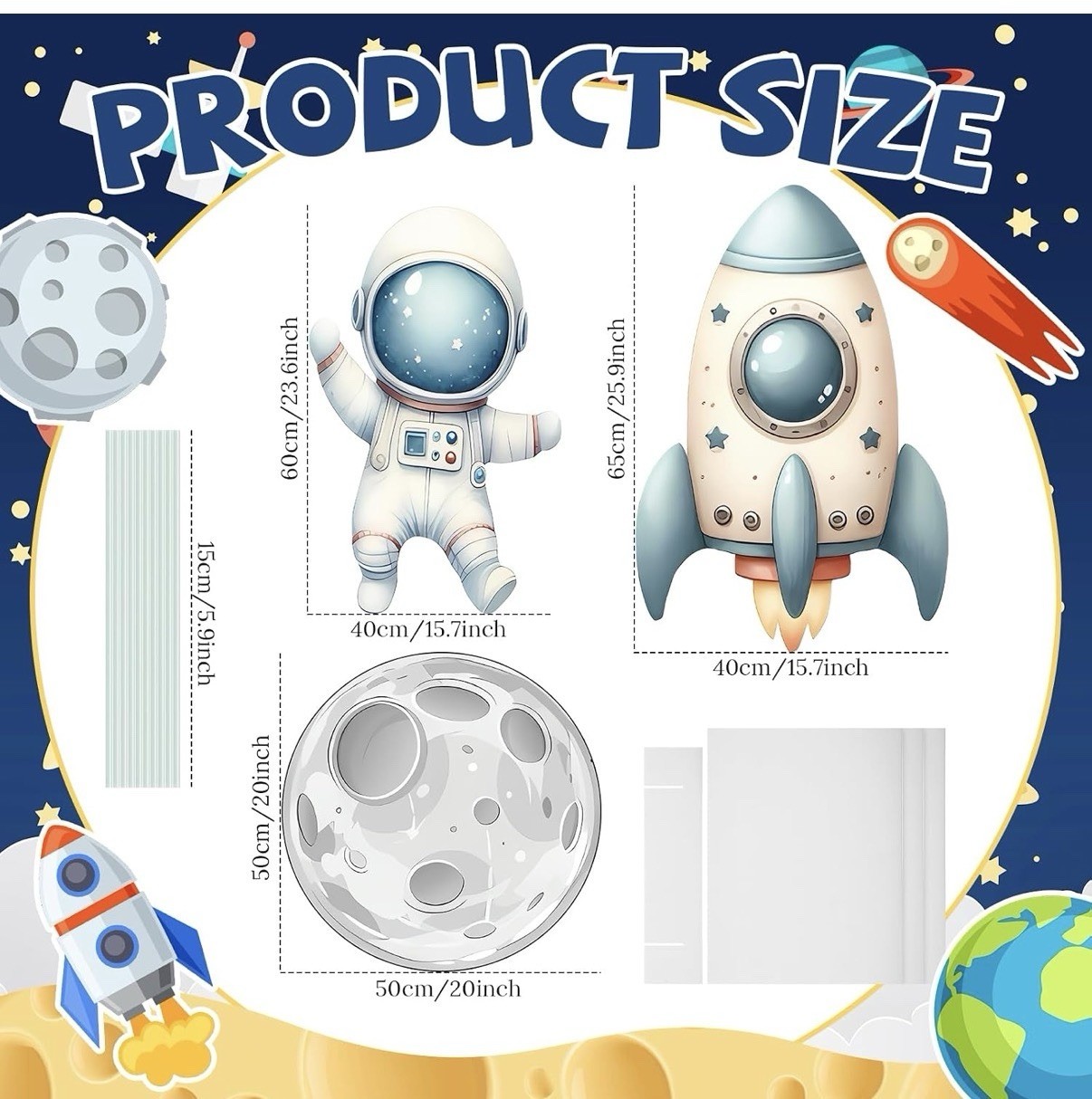 Space Astronaut Rocket Moon Wall Decal Set Kids Bedroom 25.9×15.7 Blue