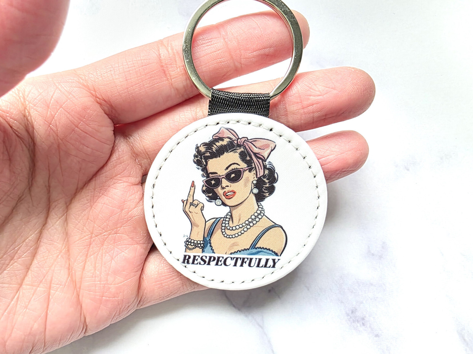 Retro "Respectfully" Middle Finger Keychain – PU Leather, 2×2 Inches