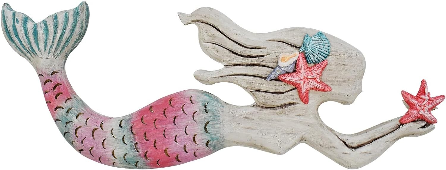 Nautical Decor Wood Hanging Mermaid Wall Art Coastal Decorations (A)