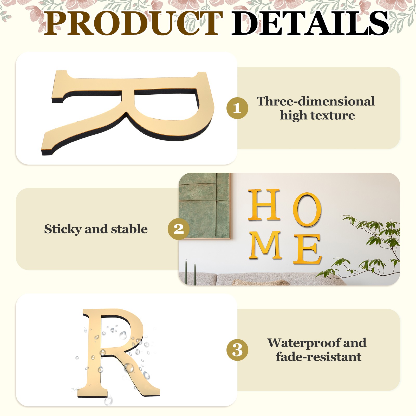 7.87 Inch 3D Acrylic Alphabet Mirror Wall Stickers Letter R Light Gold