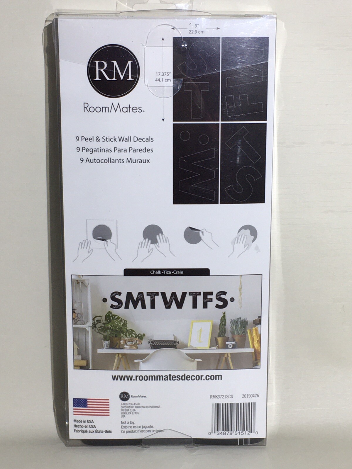 RoomMates Chalkboard Days Of The Week Letters Wall Decal Black Peel & Stick 9-Pc