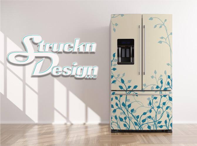 Floral Blue Vines Leaves Ivy Beige Art Fridge Freezer Wrap Side Door Vinyl Decal