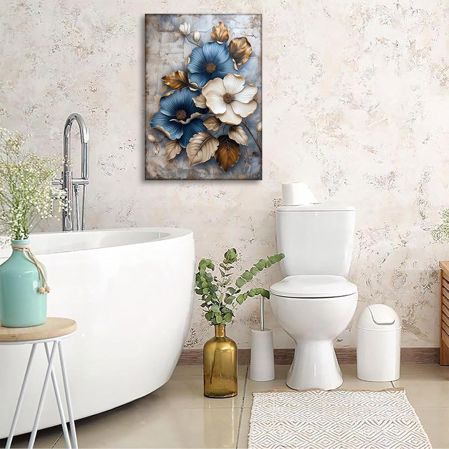 Modern Floral Canvas Wall Art Blue and White Flower Market Wall Decor Picture…