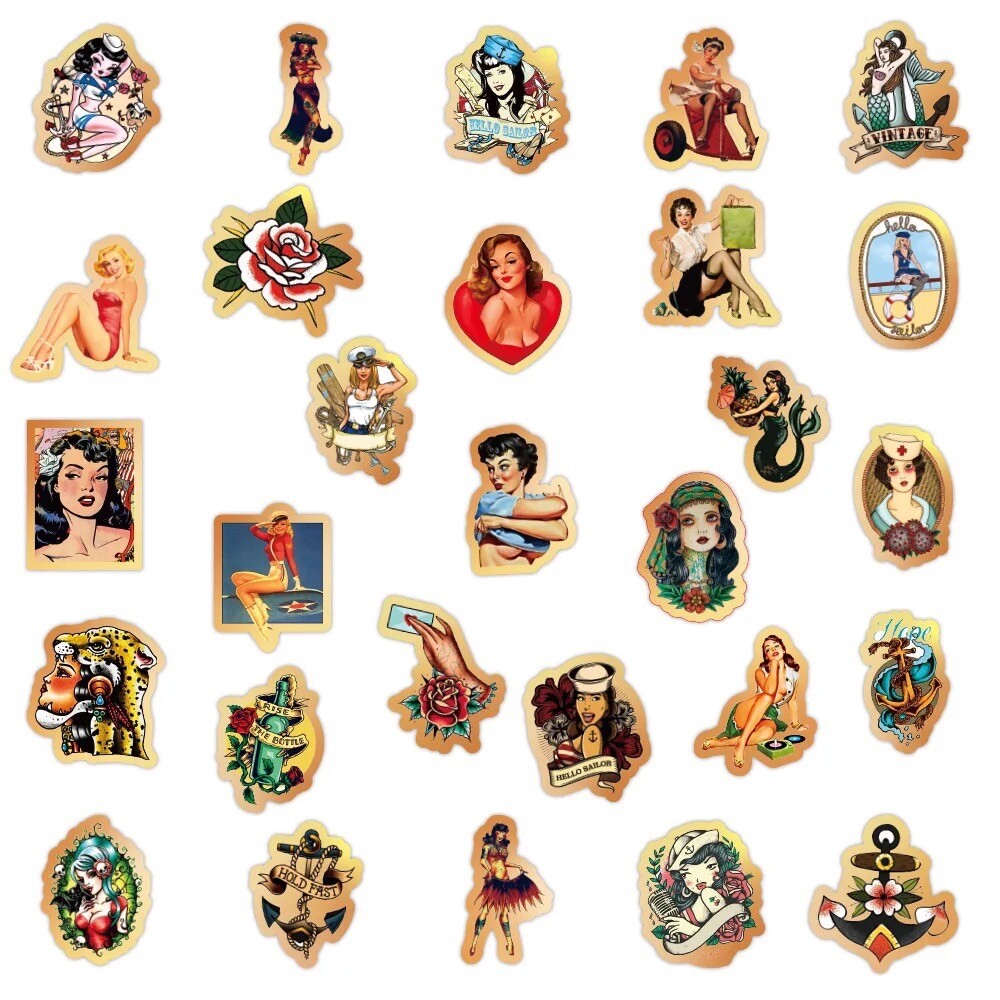100 PCS Retro Tattoo Pinup Girl Stickers Sexy Decals Laptop Hydro Free Shipping!