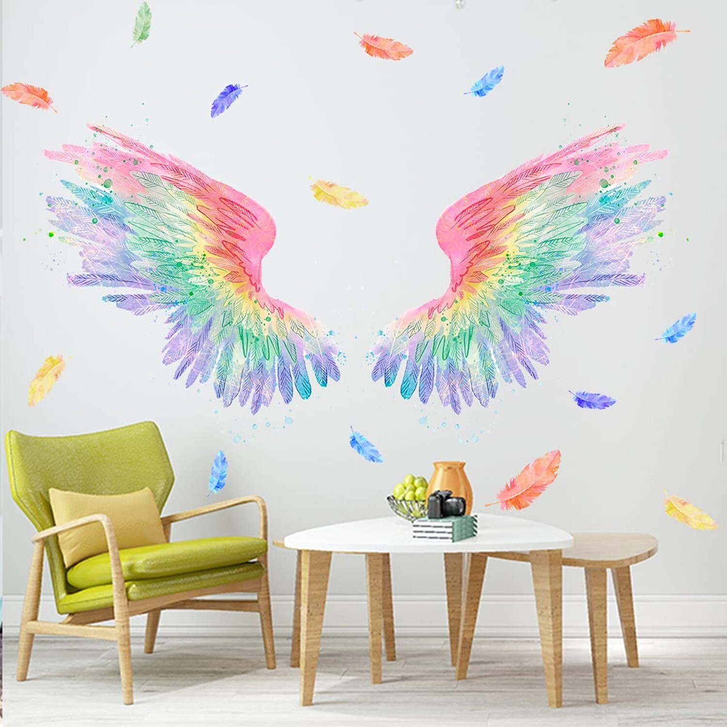 Angel Wings Watercolor Feather Wall Stickers, Multicolor, PVC, Custom Style, …