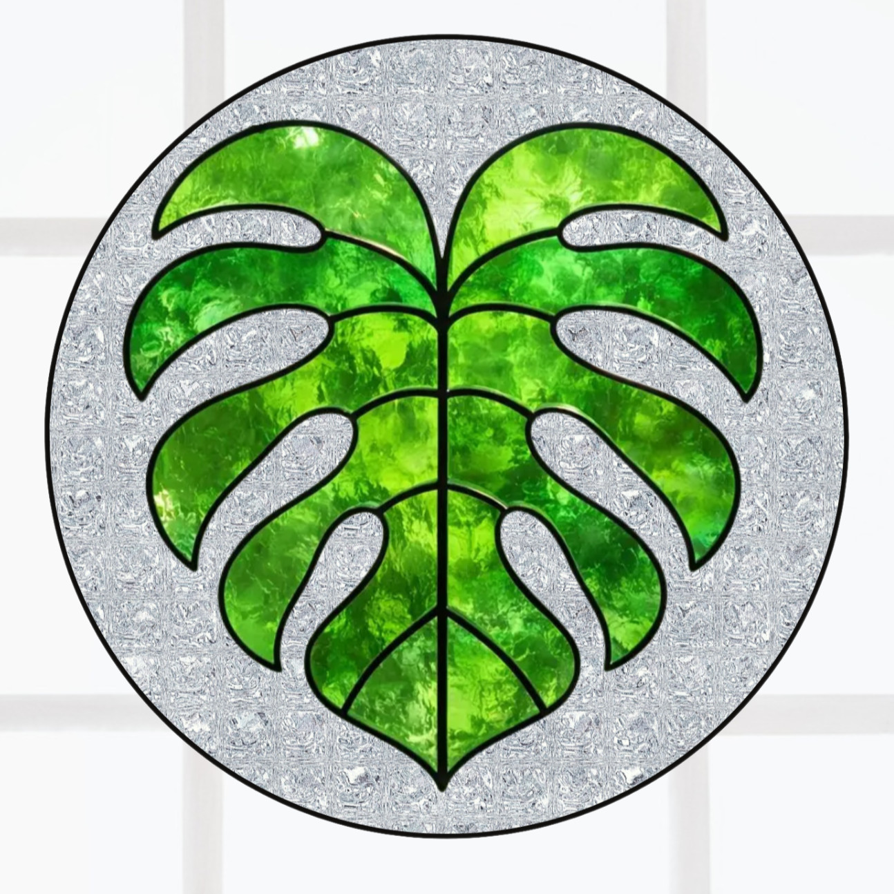 Monstera Leaf Faux Stained-Glass WINDOW CLING Size 8" Round Repositionable Vinyl