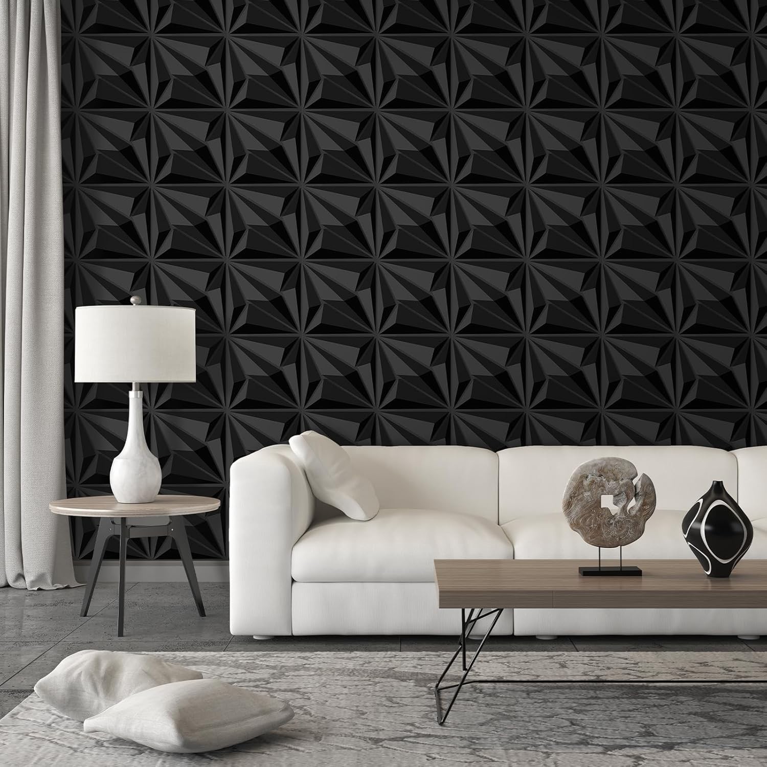 Waterproof 3D Black Wall Panels Set – Lightweight Matte Tiles for Modern Decor