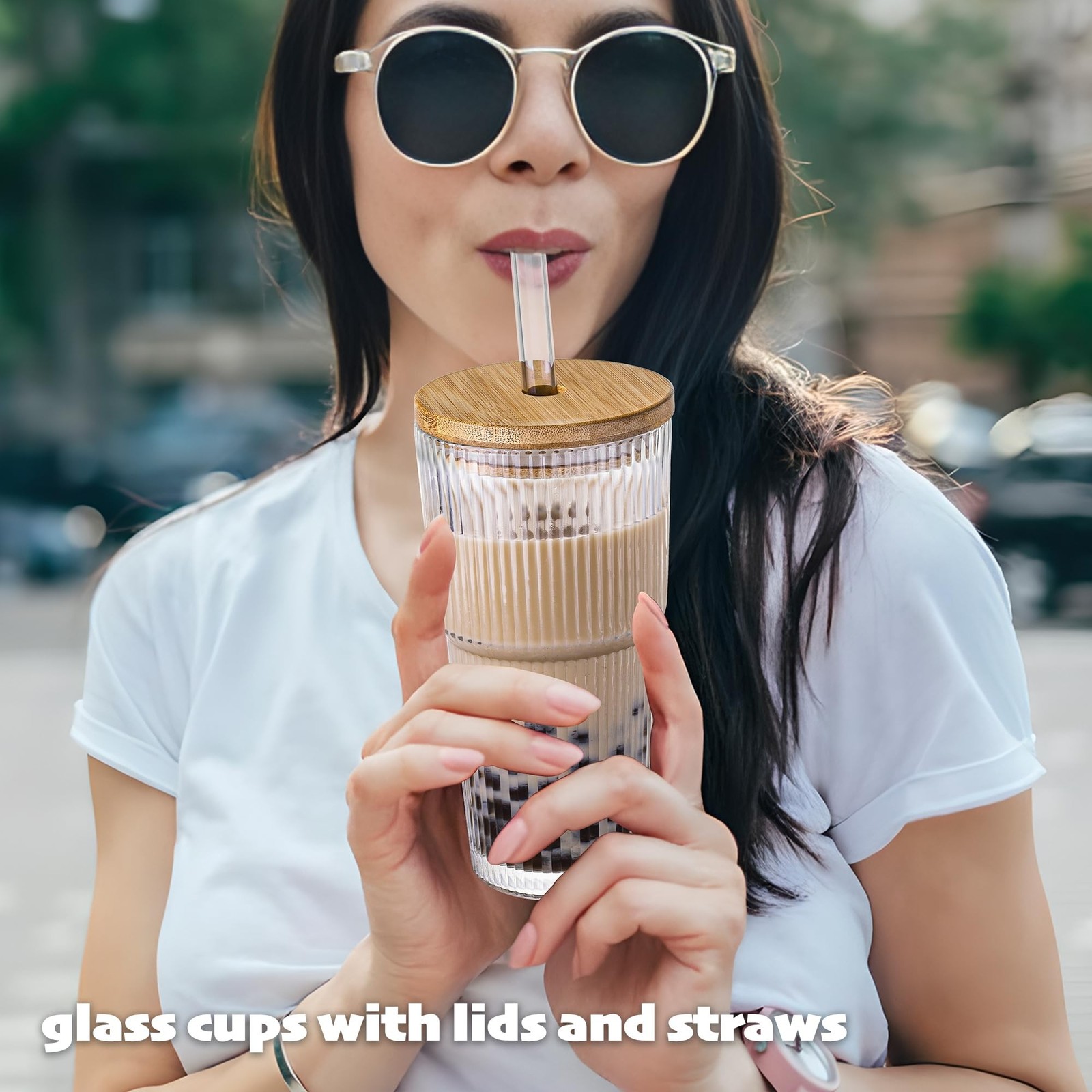 20 oz Ribbed Glass Tumblers with Bamboo Lids and Straws, 2 Pcs Wide Mouth Thi…