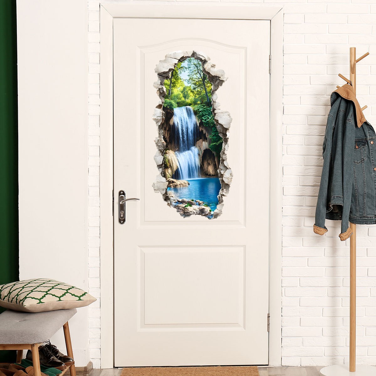 Realistic 3D Waterfall Mural Sticker with Cracked Wall Effect PVC 11.81×23.62in
