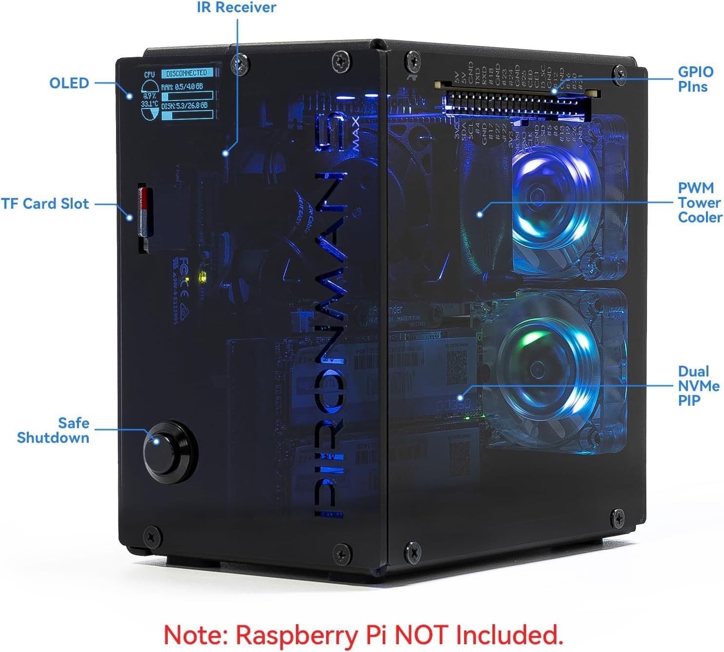 Pironman 5-MAX Dual Nvme M.2 SSD Pcie PC Case for Raspberry Pi 5 NAS RAID 0/1 Ha
