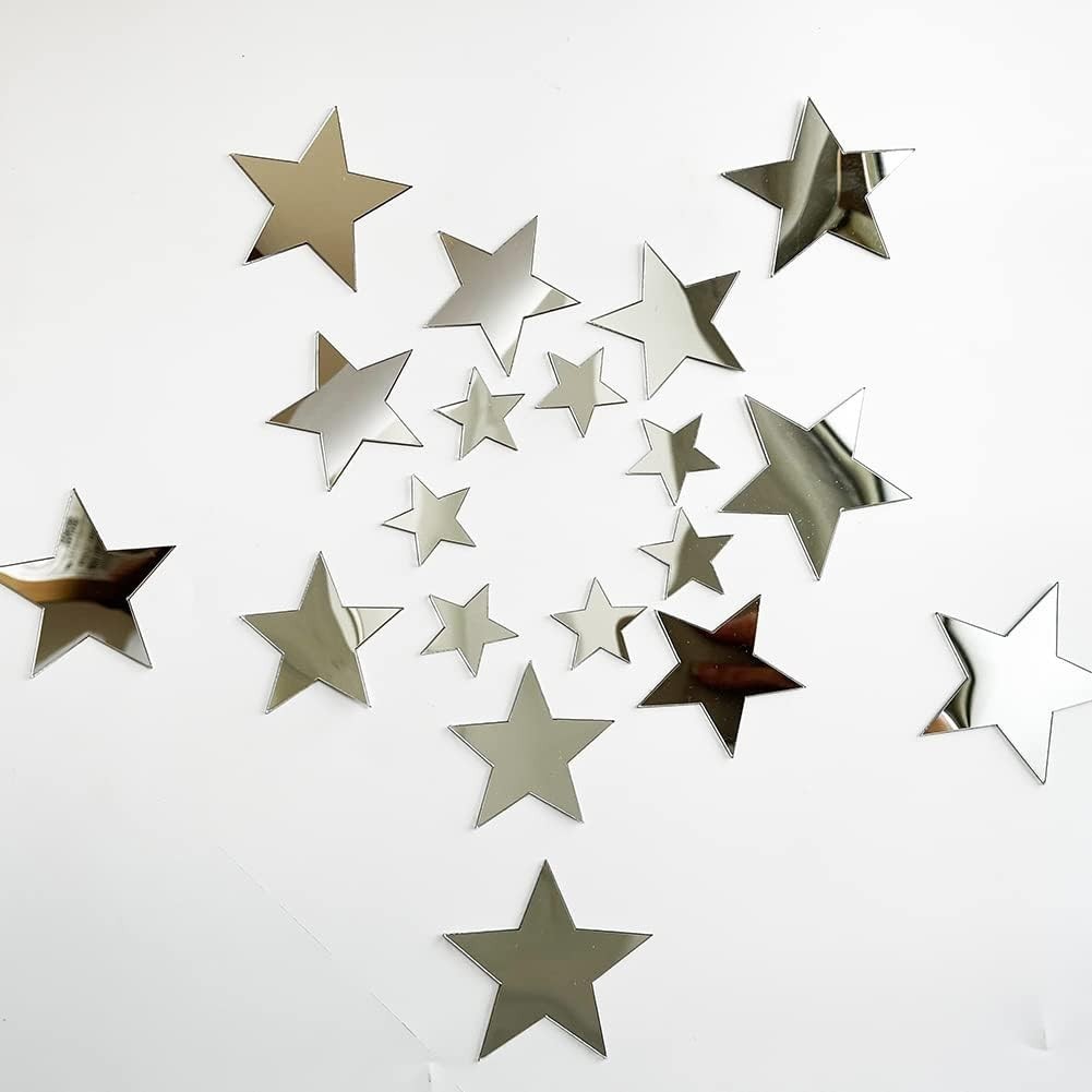 40Pcs Silver Stars Acrylic Mirror Wall Stickers with Adhesive Art Decal Satin…