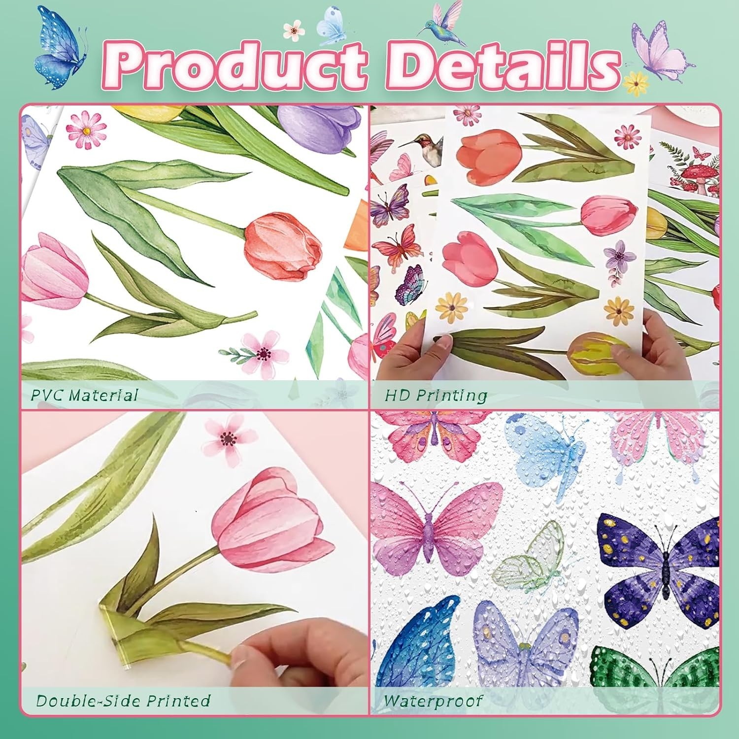 Spring Window Cling Sticker – 83PCS Tulip Butterfly Flower Hummingbirds Windo…