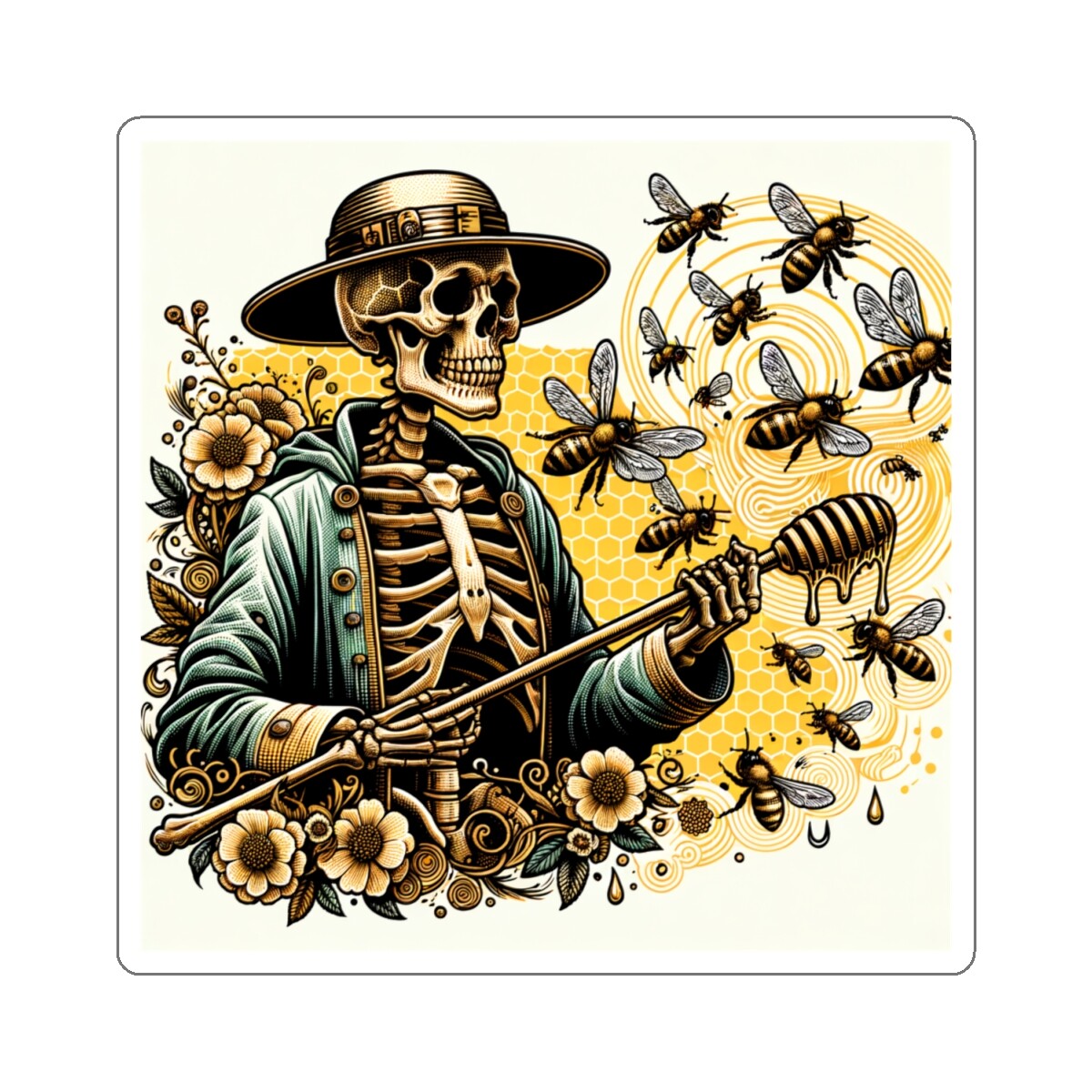 Sticker Vintage Style Pop Art Skeleton Beekeeper Honey Bumble 2×2" 3×3" 4×4" 6×6