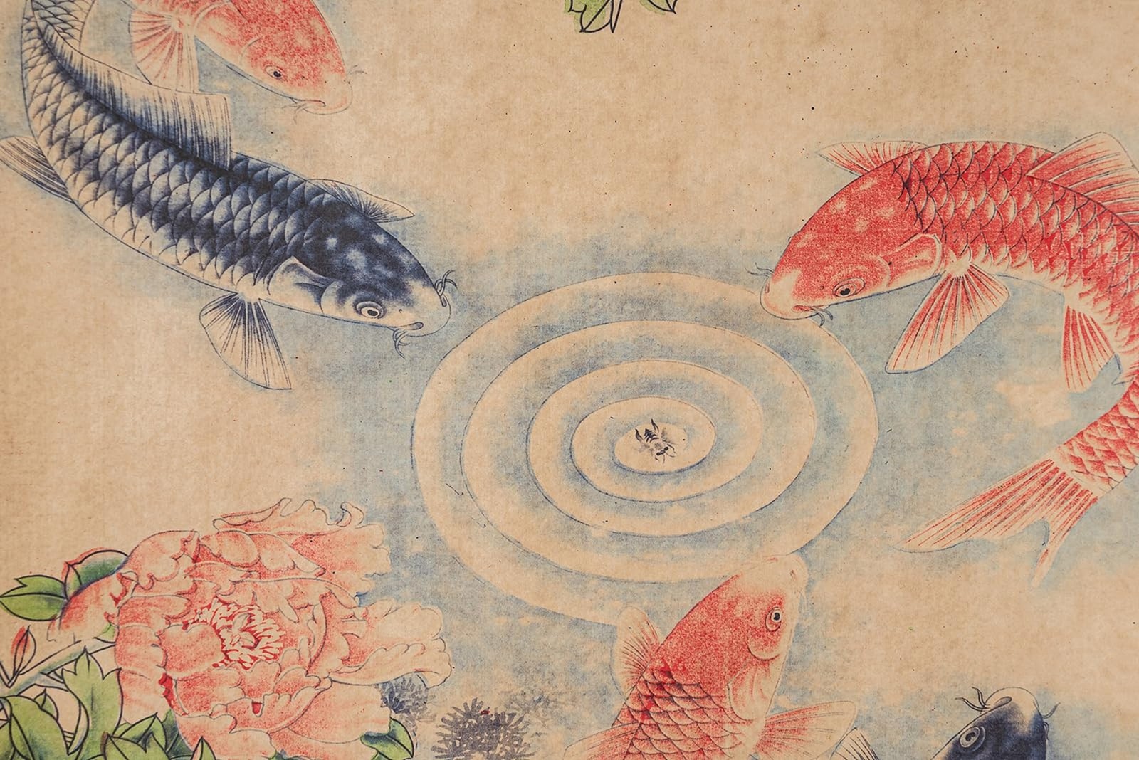 Koi Fish Wall Japanese Art Painting Poster, Feng Shui Yin Yang Paper Wooden B…