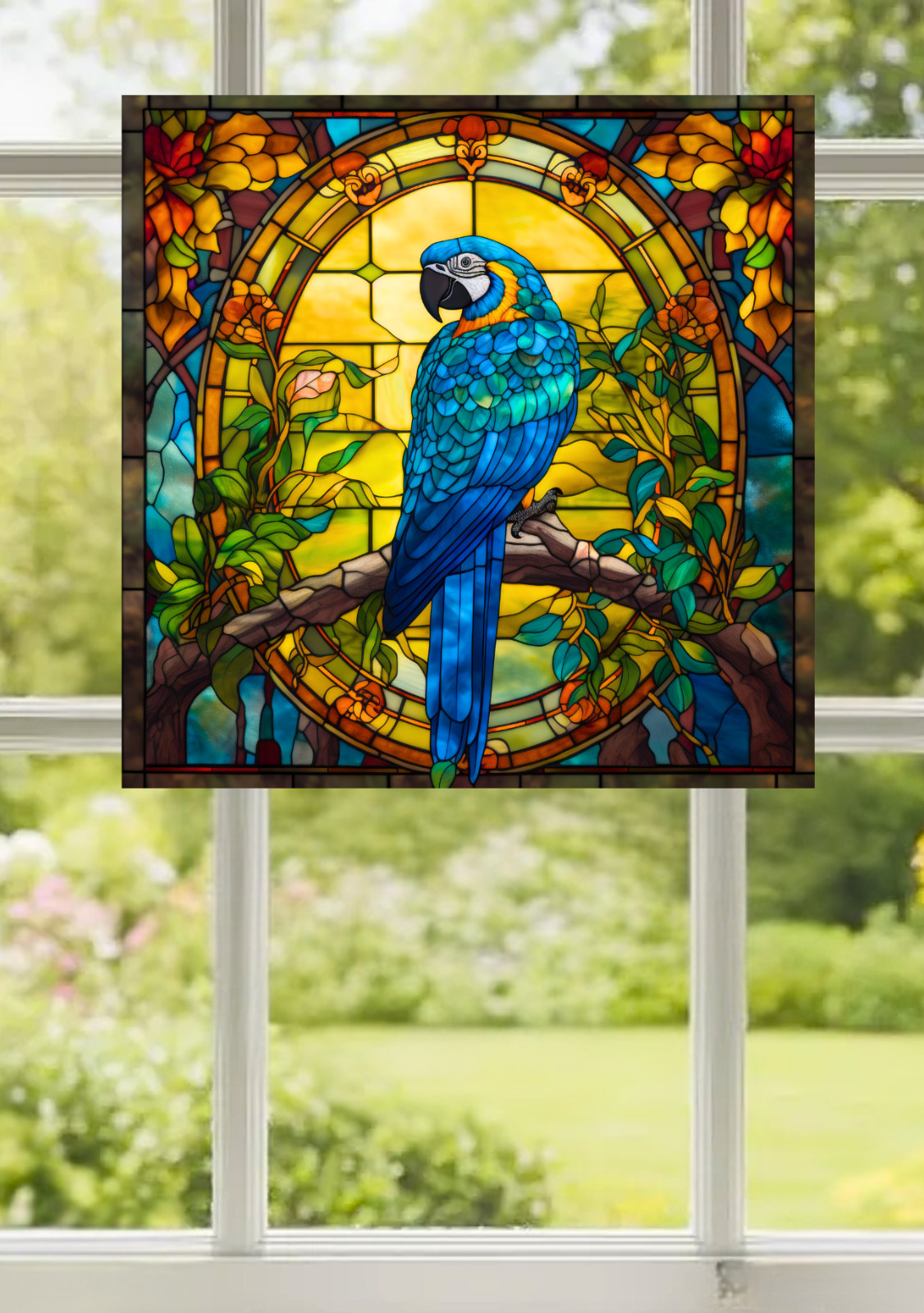 Blue Macaw Parrot Faux Stained-Glass WINDOW CLING Size 8" Square Vinyl