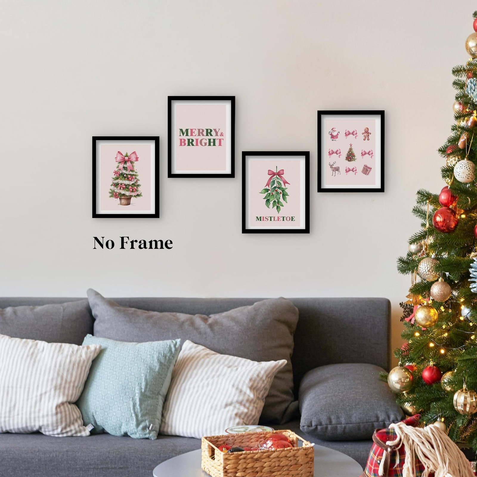 QLMX Coquette Pink Christmas Wall Art Prints Set of 4, Mistletoe Wall Decor, …