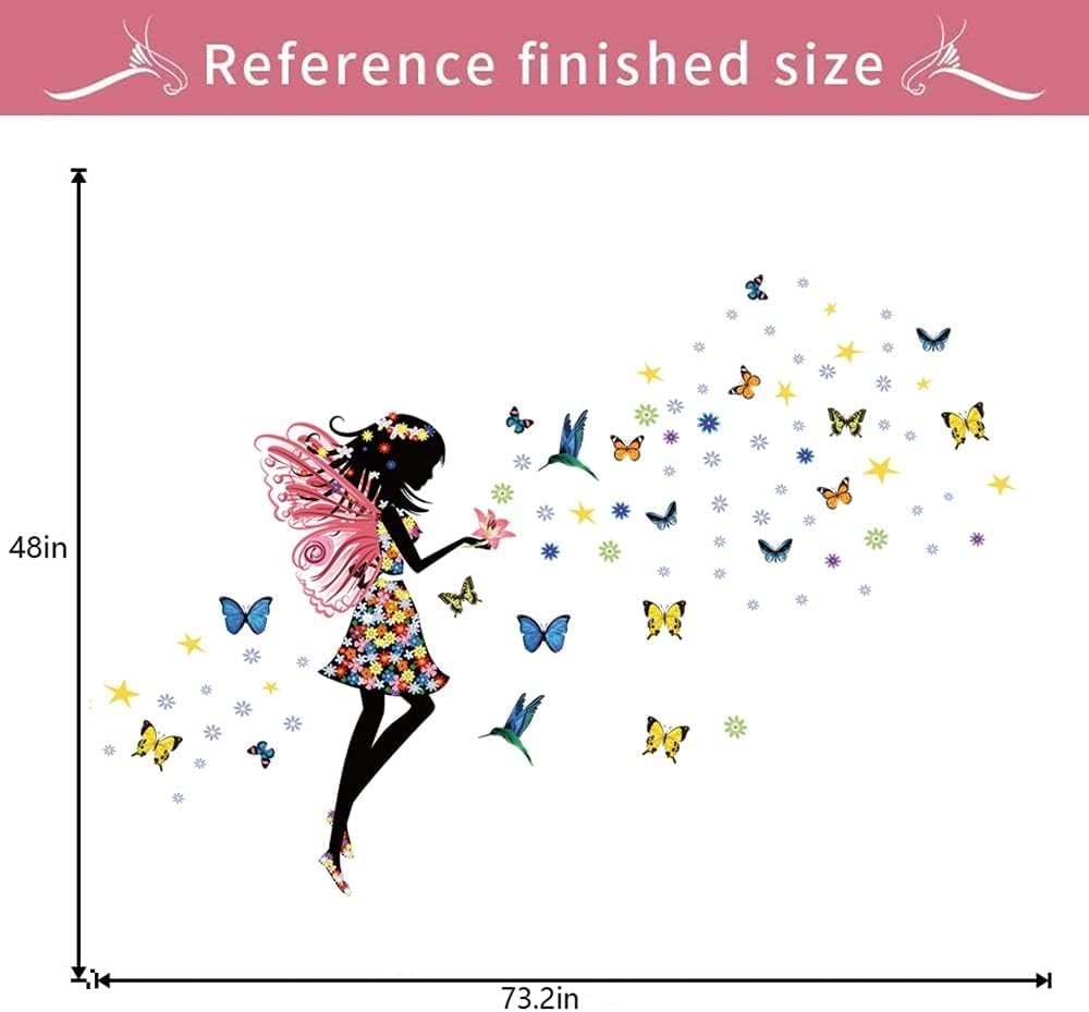 Butterfly Girl Wall Sticker – Colorful Fairy Wall Decal, Floral DIY Removable…