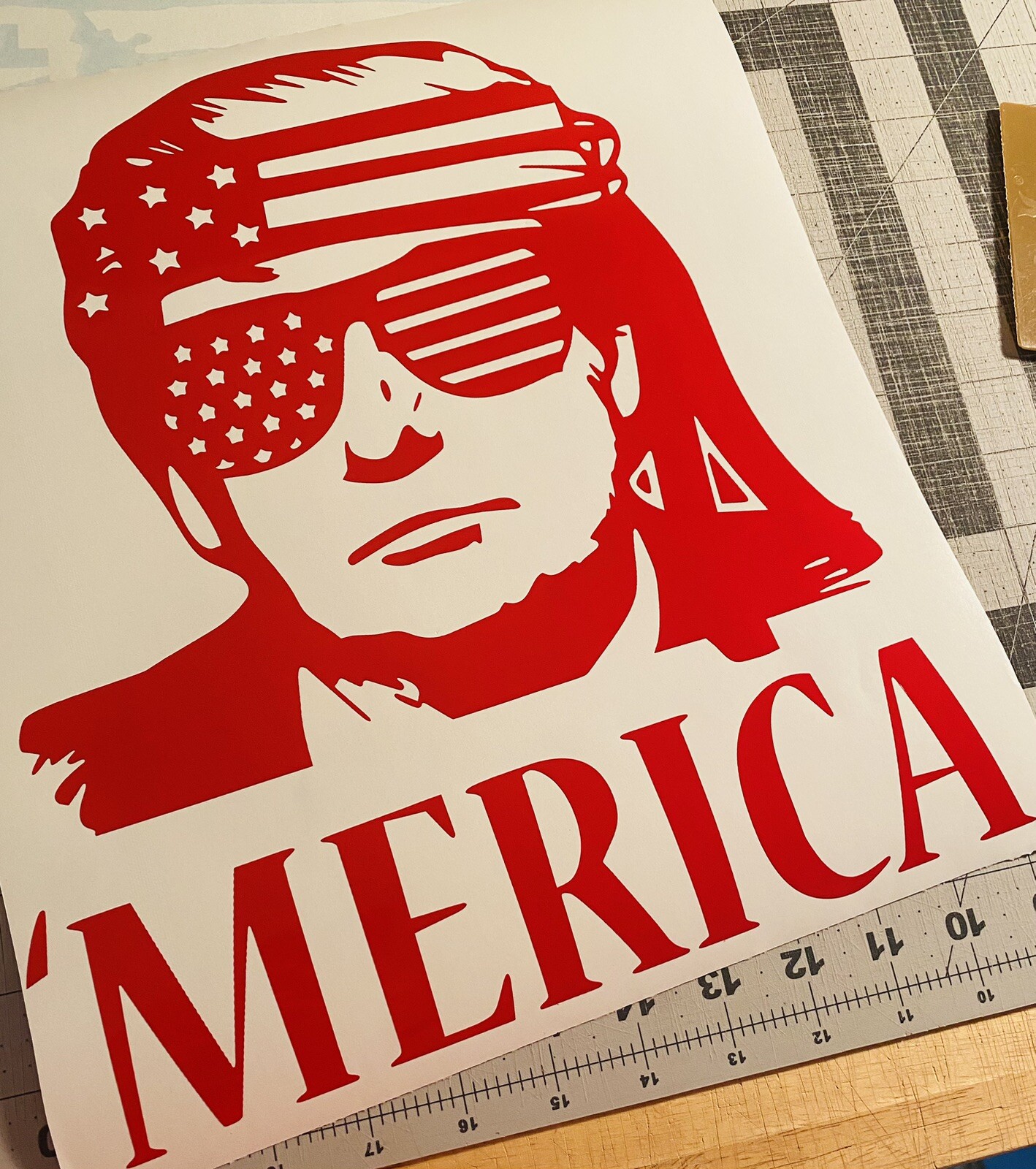 Vinyl Decal – 'Merica Trump w/ Sunglasses, Stars & Stripes, Various Colors Sizes