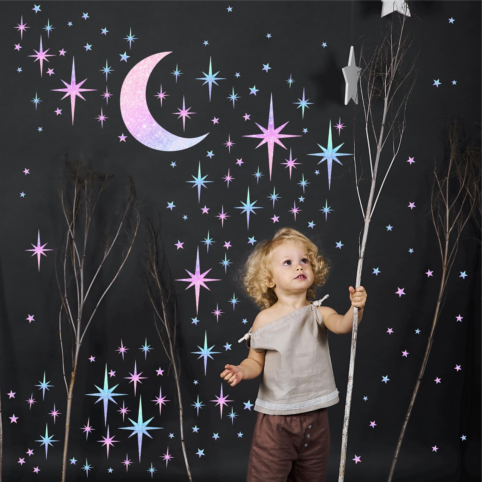 Star Wall Decals Sparkle Wall Decal Peel and Stick Rainbow Star Moon Stickers…