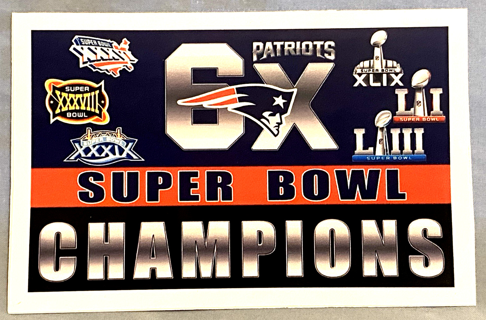 NEW ENGLAND PATRIOTS 6X Super Bowl Champs Sticker *NEW* Measures 5" x 3"
