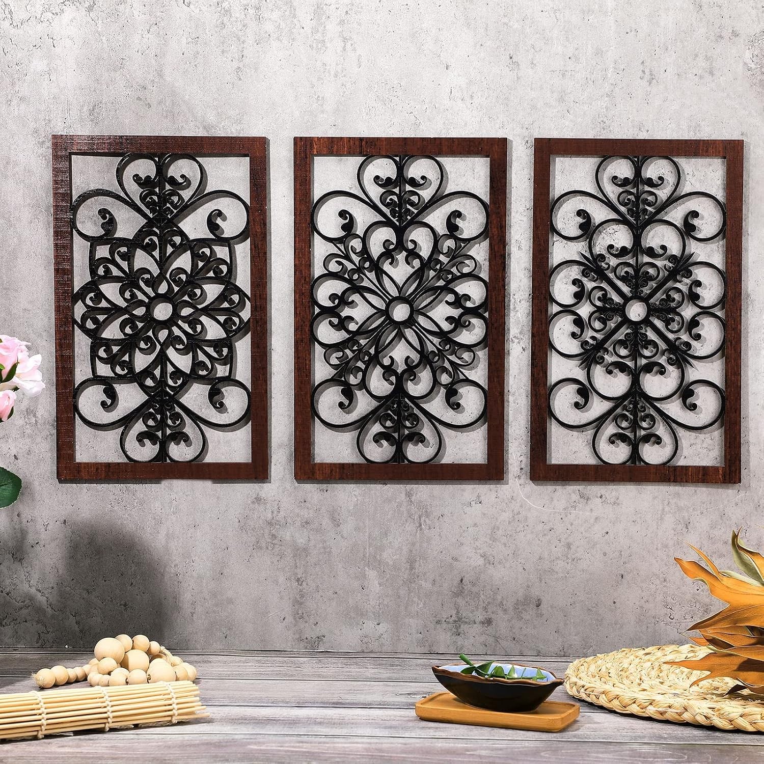 Elegant Rustic Floral Wall Art – Set of 4 Antique Wooden Panels, 11.8"x7.3"
