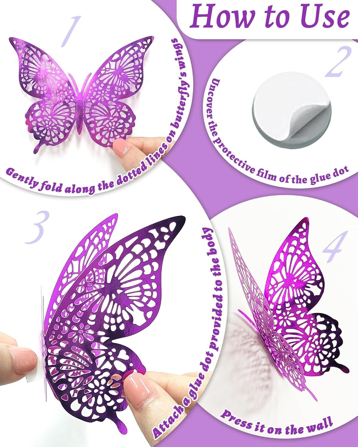 72 piezas de decoración de pared de mariposas 3D, mariposa morada