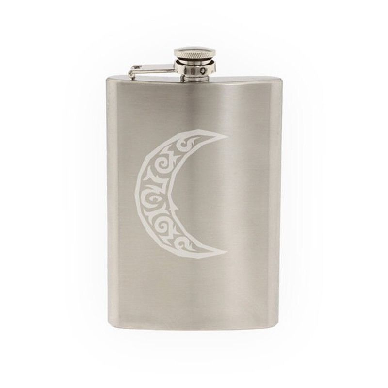 Ancient Culture – Aztec Mayan Tribal Moon Crescent – Etched 8 Oz Stainless Steel