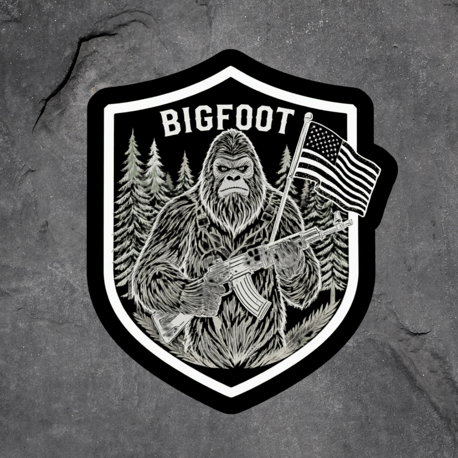 Bigfoot Patriot sticker vinyl decal American flag rifle woods USA freedom badge